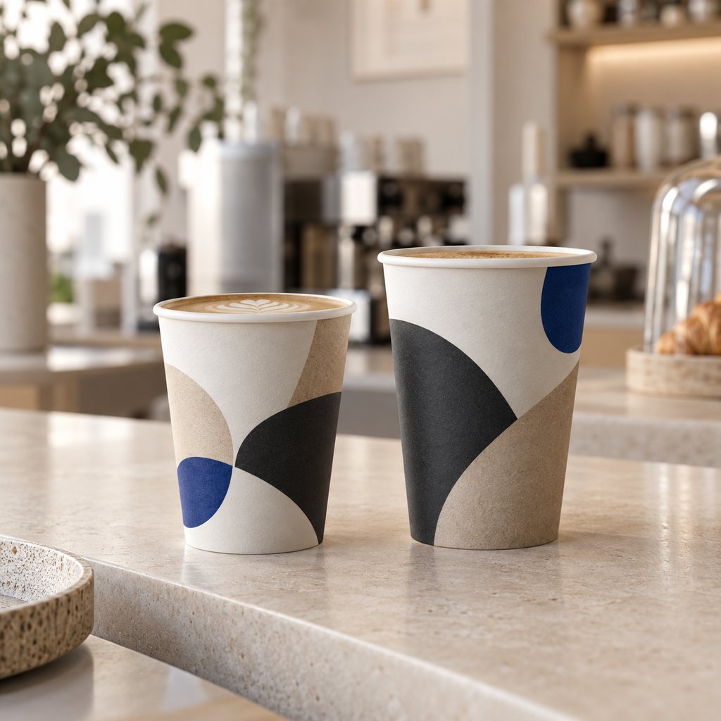 Two custom printed paper cups displayed on a café counter