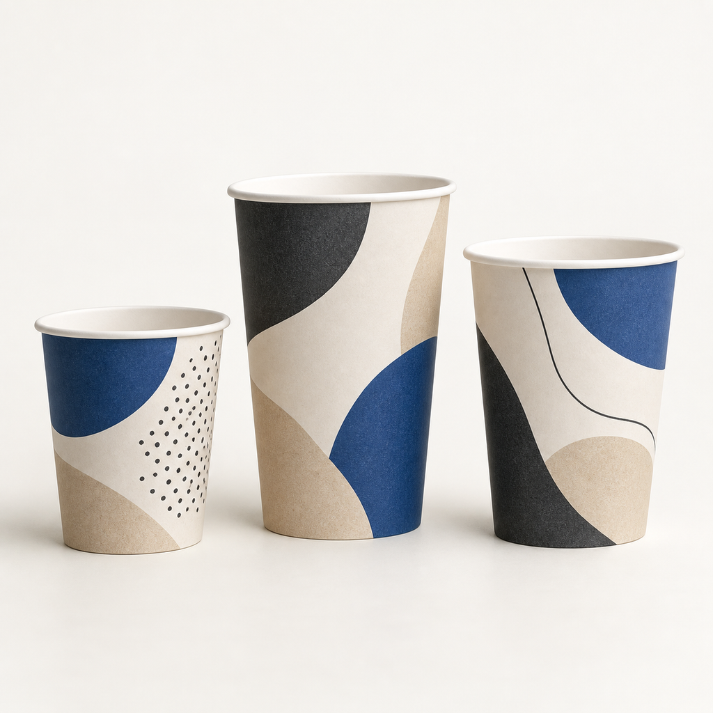Custom printed paper cups in three sizes on a neutral studio background