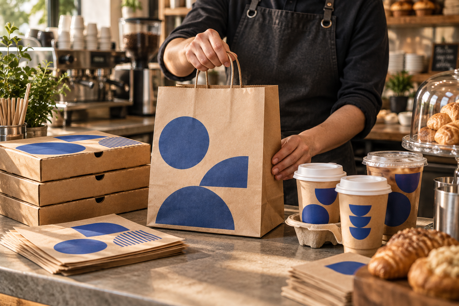 Custom printed takeaway packaging on a working cafe counter