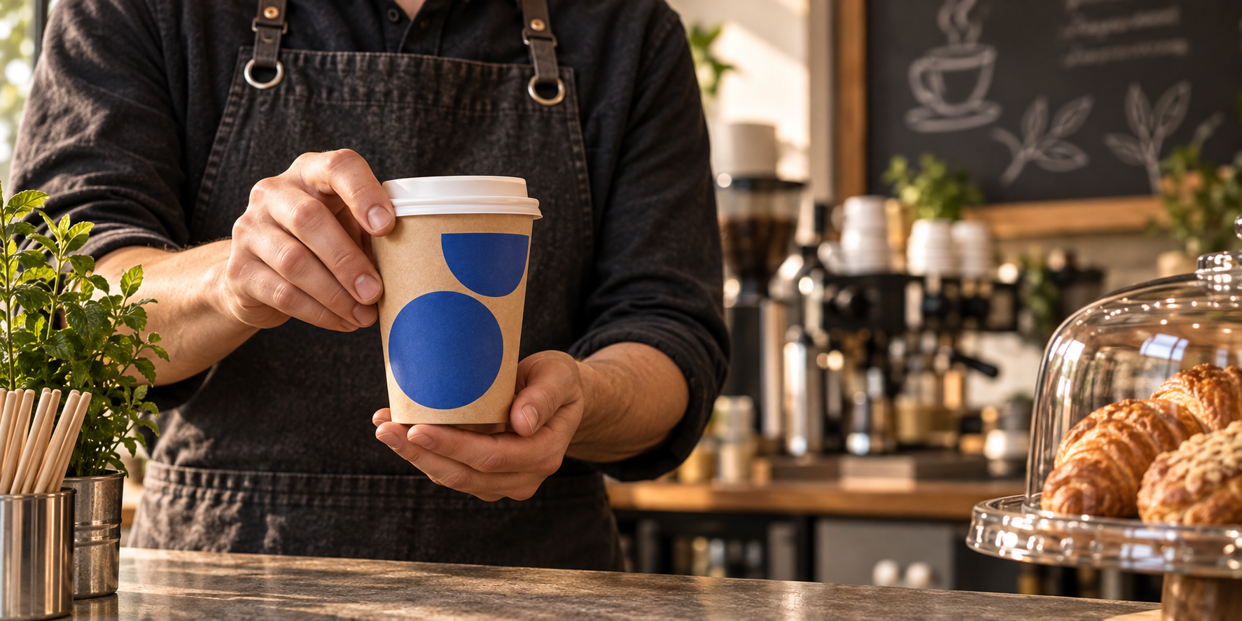Barista presenting a custom printed takeaway cup